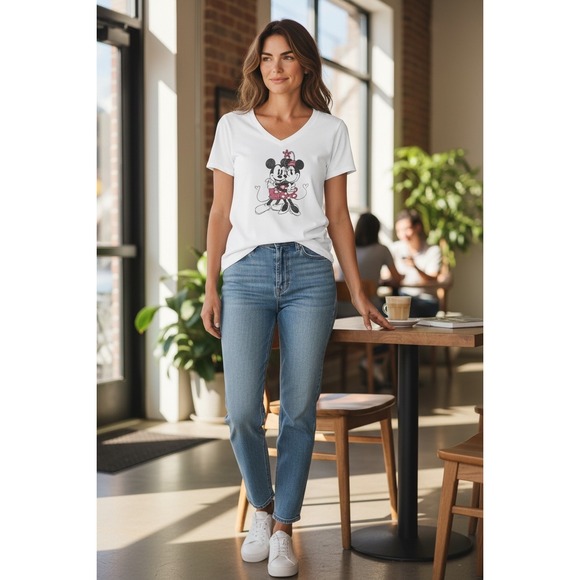 Disney‎ Women's M White V-Neck T-Shirt Mickey Minnie Mouse Graphic Short Sleeve - Picture 9 of 13